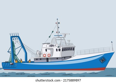 Blue fishing seiner on the background of the sea.