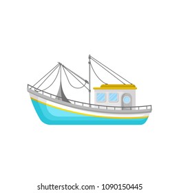 Blue fishing trawler with net and ropes. Water transport. Flat vector icon of boat for commercial fishing concept