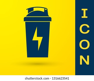 Blue Fitness shaker icon isolated on yellow background. Sports shaker bottle with lid for water and protein cocktails. Vector Illustration
