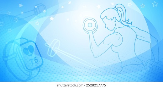 Fondo temático de fitness azul. Ilustración digital con un personaje femenino levantando pesas, con varios elementos y símbolos relacionados con la forma física a su alrededor.