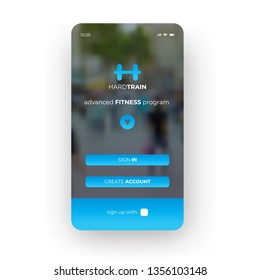 Blue fitness workout programs mobile app smartphone interface vector design template. Gym programs mobile page design layout application. Flat UI, UX, GUI screen. Login, logout smartphone theme.