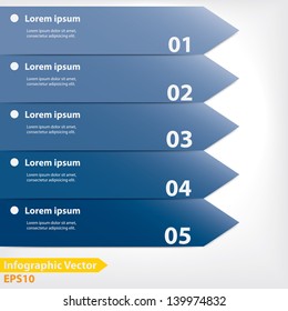 Blue five arrows for workflow layout, diagram, number options, web design, infographics.