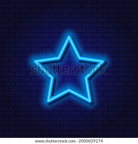 Blue Five Pointed Star. Please rate the app. Confetti. Neon design element for applications, site. Glowing Vector Outline.