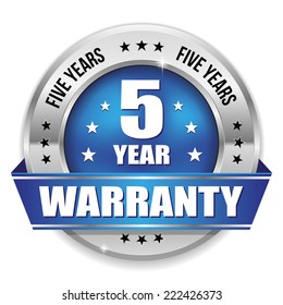 Blue five year warranty badge with metallic border and ribbon