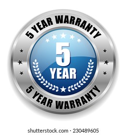 Blue five year warranty button with metal border on white background