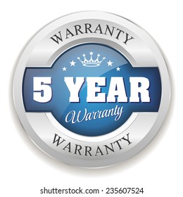 Blue five year warranty button with metal border on white background
