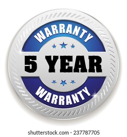 Blue five year warranty button with silver border on white background
