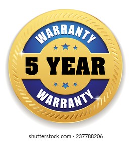 Blue five year warranty button with gold border on white background