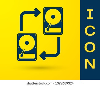 Blue A fixed data storage device hard disk with arrows, data copy icon isolated on yellow background. Data exchange with hard disk drive. Transfer sign. Vector Illustration