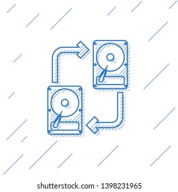 Blue A fixed data storage device hard disk with arrows, data copy line icon isolated on white background. Data exchange with hard disk drive. Transfer sign. Vector Illustration