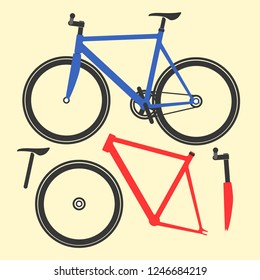 Blue Fixed Transmission Bicycle Assembly and Disassembled Red Frame. Track bike vector image