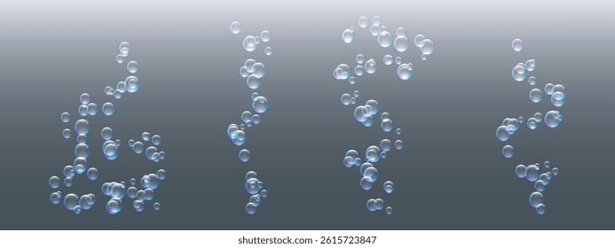 Blue fizzy bubbles floating in water. Isolated 3D elements for drink, champagne, or hydration-related visuals.
