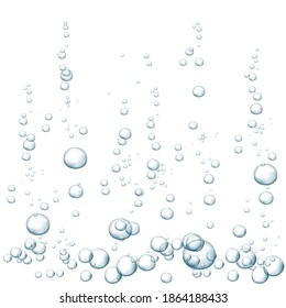 Blue fizzy bubbles. Sparkles underwater stream in water, sea, aquarium. Fizzy pop and effervescent drink. Abstract fresh soda bubbles. Vector illustration