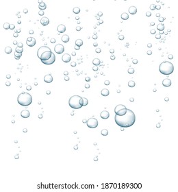 Blue fizzy bubbles. Sparkles underwater stream in water, sea, aquarium. Fizzy pop and effervescent drink. Abstract fresh soda bubbles. Vector illustration