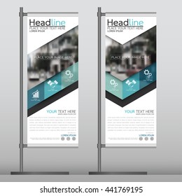 Blue flag banner business brochure flyer design template vector, leaflet cover presentation abstract geometric background, modern publication x-banner and roll up, layout in rectangle.