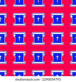 Blue Flag with christian cross icon isolated seamless pattern on red background.  Vector