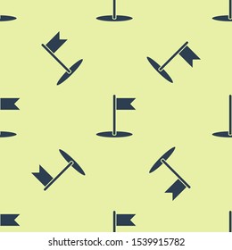 Blue Flag icon isolated seamless pattern on yellow background. Location marker symbol.  Vector Illustration
