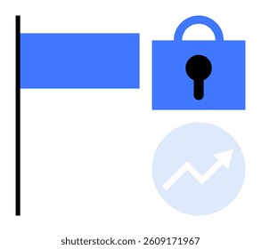 Blue flag next to a lock symbol and an upward graph arrow inside a circle suggesting security, business growth, achievement, and success. Ideal for business presentations, security themes, growth