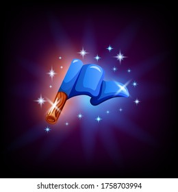 Blue flag on pole gui element for game or mobile application design on dark background. Start or finish vector icon in cartoon style.
