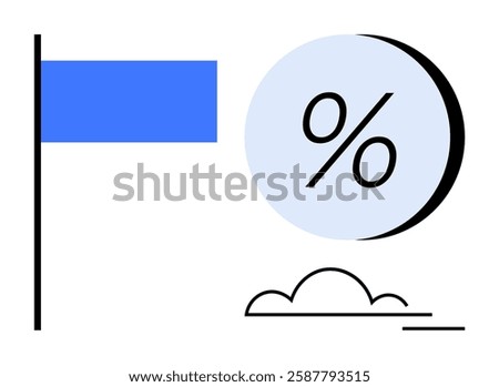 Blue flag on vertical pole, black percentage symbol in light blue circle, and simple black cloud outline with line. Ideal for financial presentations, weather reports, educational materials, business