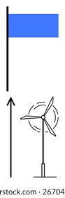 Bandera azul con turbina de viento de poste alto con palas giratorias y flecha hacia arriba. Ideal para energía renovable, sostenibilidad, tecnología, innovación, progreso, conciencia ambiental, energía limpia. Línea