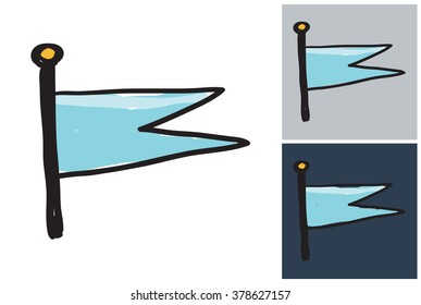 Blue flag vector sketch in kids style on white, gray and dark background.