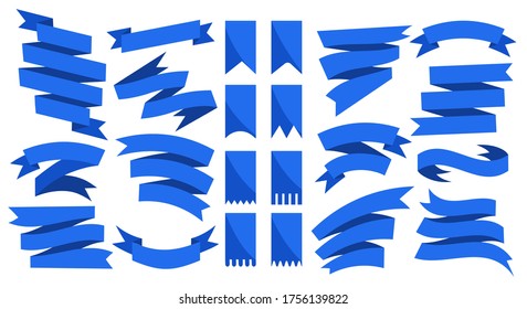 Blue flags from ribbons set. Decorative satin banner materials, blank tape elements, classic vector illustration of curved flag forms isolated on white background