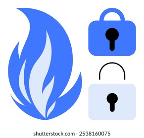 Chama azul ao lado de dois cadeados, um travado e outro destravado. Ideal para proteção de segurança cibernética privacidade controle de acesso segurança firewall criptografia de dados medidas de segurança de comunicação segura visual