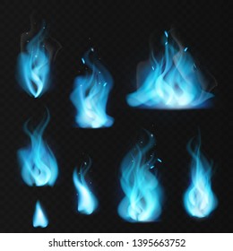 Blue flame. Burning fiery natural gas hot fireplace flames warm fire blazing realistic bonfire effect blue magic flaming vector set