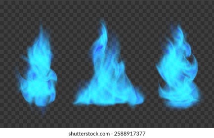 Blue flame of burning natural gas. Mockup isolated on transparent background. Vector template