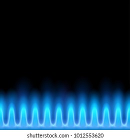 Blue flame of butane isolated on a black background. Background is a stove with burning gas. Stock vector illustration.