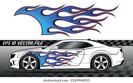 Blue flame electric sport car speed decal vinyl sticker. Racing car tribal fire flames vector art graphic.