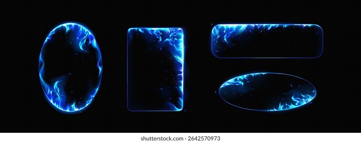 Blue flame frame set - glowing energy borders with plasma fire effect on black. Oval and rectangle shapes with magical light edges for futuristic UI, gaming interface or sci fi design elements.