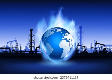 Blue flame of a gas around planet earth. Against the backdrop of the gas pipeline. Vector illustration.