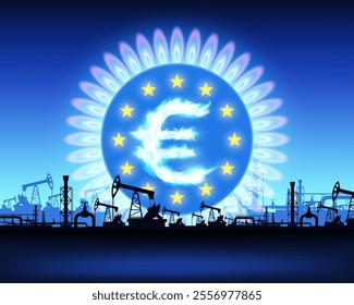 Blue flame of gas stove with European Union flag. Against the background of gas and oil rigs. Vector illustration