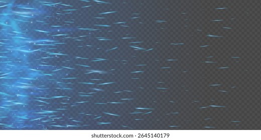 Blue flame and glowing sparks rise through smoky fog and flying dust. Abstract vector background with neon light ember particles and burnt texture. Magic firepower with blacksmith and welding mood.