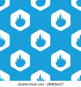 Blue flame image in white hexagon, repeated on blue
