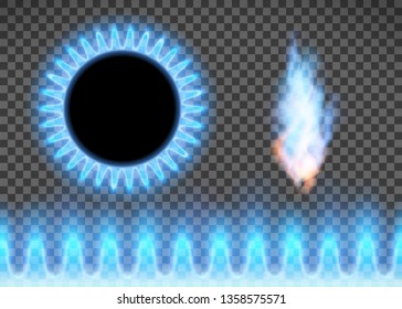 Blue Flame Isolated On A Transparent Background. Stove With Burning Gas. Vector Illustration.