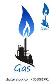 Blue flame of natural gas over flare stack and storage tanks of refinery or petrochemical factory