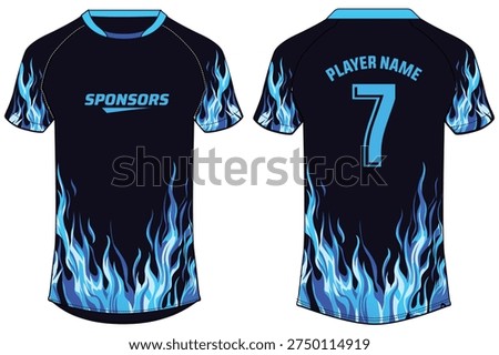 Blue Flame Pattern Raglan Sleeve Sports Jersey Round Neck T-Shirt Vector Template with Front and Back View for Football and Cricket Uniform