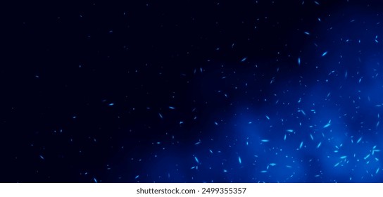 Blue flame with sparks, fire with flying cinder, abstract glowing embers, heat sparkles, bokeh fire texture. Vector illustration.