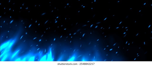 Blue flame with sparks, fire with flying cinder, abstract glowing embers, heat sparkles, bokeh fire texture. Vector illustration.