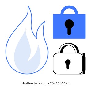 Un símbolo de llama azul junto a dos iconos de candado, uno azul y otro negro. Ideal para temas de ciberseguridad, protección de datos, seguridad contra incendios, sistemas seguros y gestión de riesgos. Estilo de Vector moderno