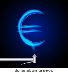 Blue flames of natural gas in the form of the euro symbol burning on a dark background. Vector illustration for use in your writings about natural gas, economy, industrial development, sale of gas.