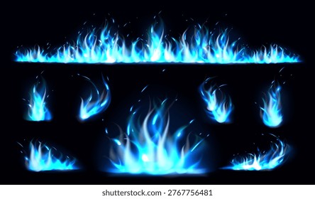 Blue flames. Realistic cold burn effects. 3D lights. Carbon monoxide colored fire. Flammable butane ignition various shapes. Glowing sparks. Heat energy. Hell combustion. Vector isolated elements set