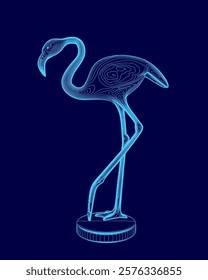 Blue flamingo statue is on a blue background. The flamingo is standing on a pedestal