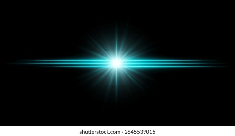 Exacerbação azul. Brilho horizontal brilhante com feixes de luz radial, centro de alto contraste estourar em fundo escuro, iluminação limpa com bordas afiadas e halo suave.