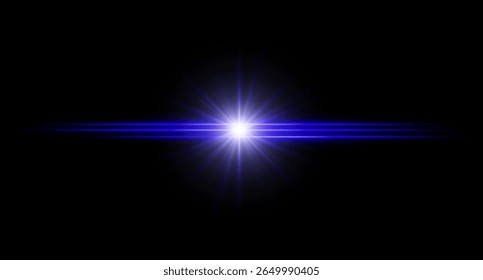 Blue flare. Bright horizontal glow with radial light beams, high contrast center burst on dark background, clean illumination with sharp edges and soft halo.