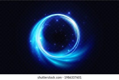 Blue flare circle, glowing light effect vector illustration. Neon glow energy shape, abstract magic luminous swirls, fantasy round portal and glitter particle sparkles on dark transparent background