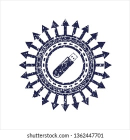 Blue flash drive icon inside distress rubber grunge texture seal